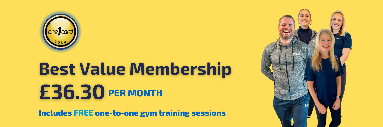 One male and three female gym instructors smiling. The background is bright yellow. The message is 'Best Value Membership £36.30 per month'.